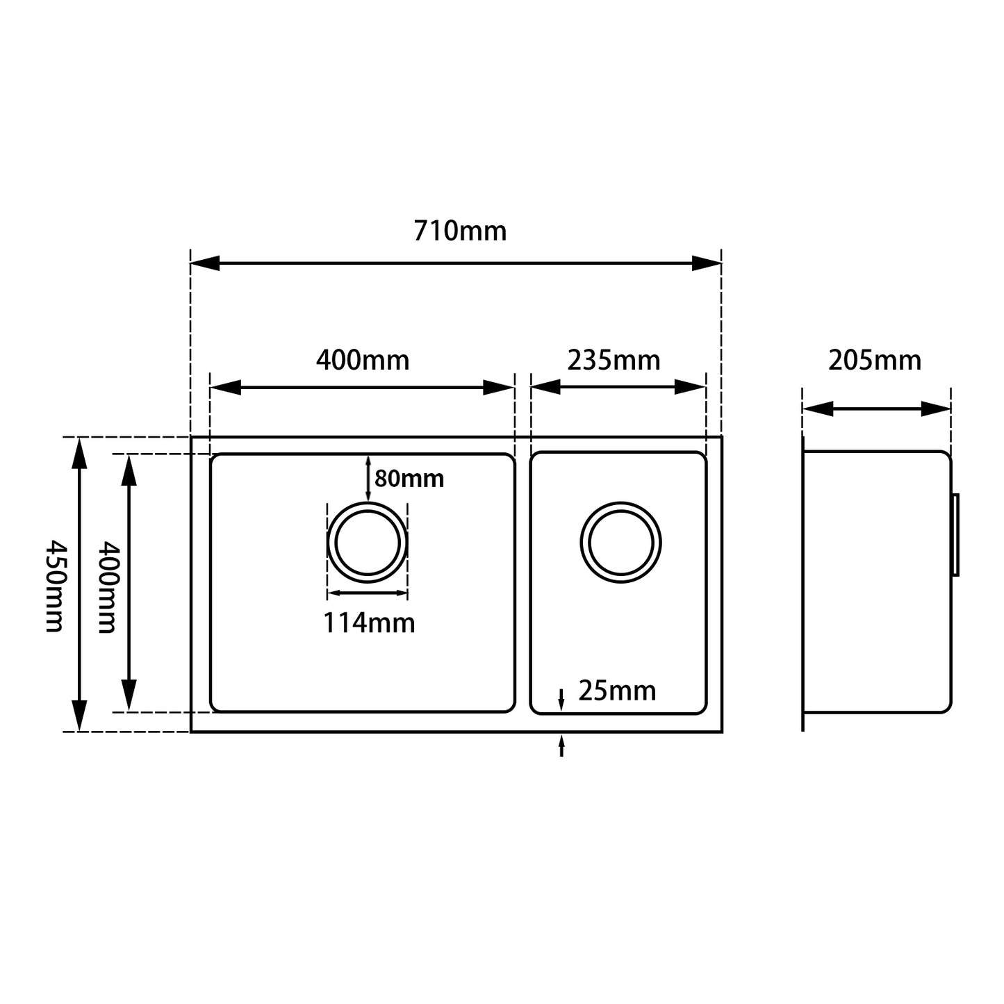 710x450x205mm Dark Grey Stainless Steel 1 & 1/2 Bowl Kitchen Sink