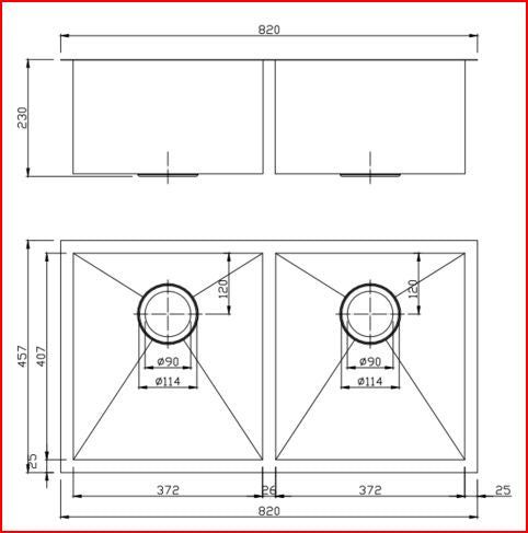 820x457x230mm Gunmetal Grey Stainless Steel Double Bowl Kitchen Sink